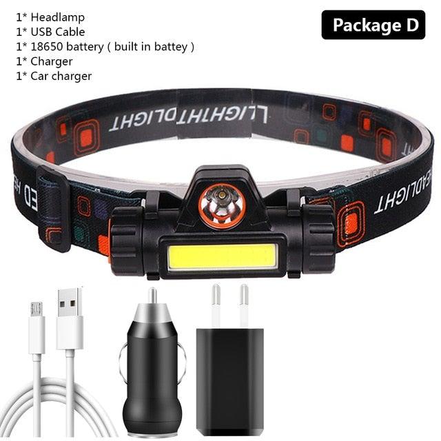 Waterproof 2 Light Mode USB LED Headlight With Magnet Rechargeable Headlamp Built-in 18650 Battery Flashlight  COB Work Light For Outdoor Camping Cycling Fishing Headlamp Flashlight Stevvex