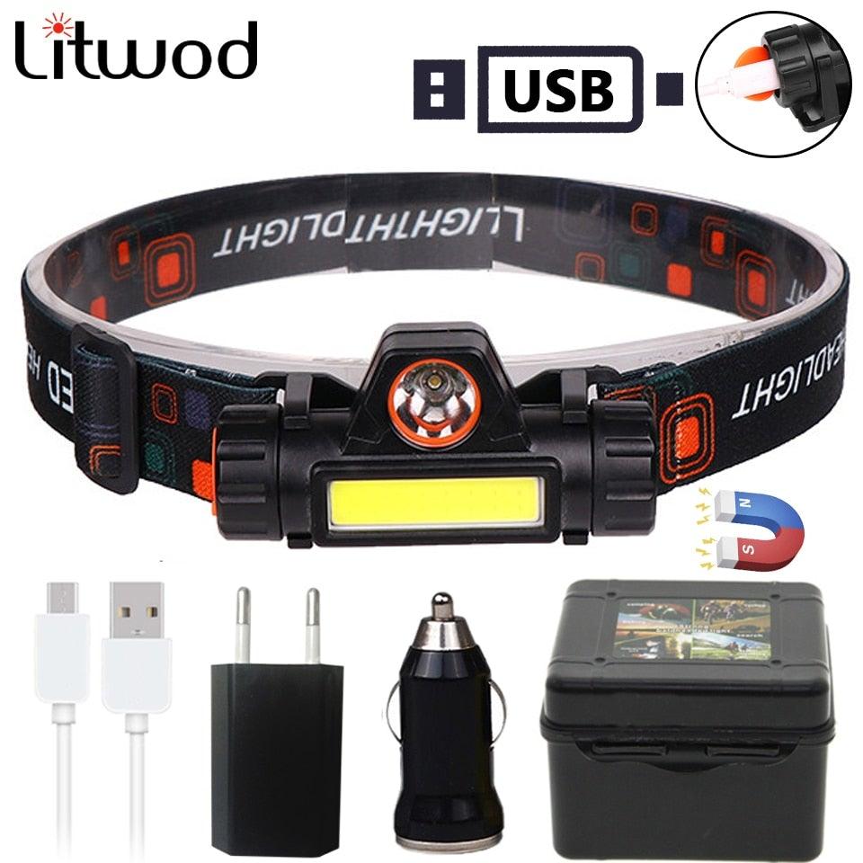 Waterproof 2 Light Mode USB LED Headlight With Magnet Rechargeable Headlamp Built-in 18650 Battery Flashlight  COB Work Light For Outdoor Camping Cycling Fishing Headlamp Flashlight Stevvex