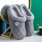 Waterproof Slippers Winter Women House Slippers Leather Warm Fur Slippers Unisex Home Slippers Indoor Floor Shoes Plush Fleece Lined House Shoes Anti-Skid Women Slippers Stevvex