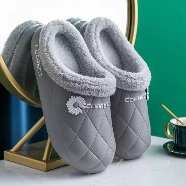Waterproof Slippers Winter Women House Slippers Leather Warm Fur Slippers Unisex Home Slippers Indoor Floor Shoes Plush Fleece Lined House Shoes Anti-Skid Women Slippers Stevvex
