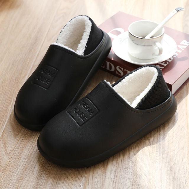 Waterproof Slippers Winter Women House Slippers Leather Warm Fur Slippers Unisex Home Slippers Indoor Floor Shoes Plush Fleece Lined House Shoes Anti-Skid Women Slippers Stevvex