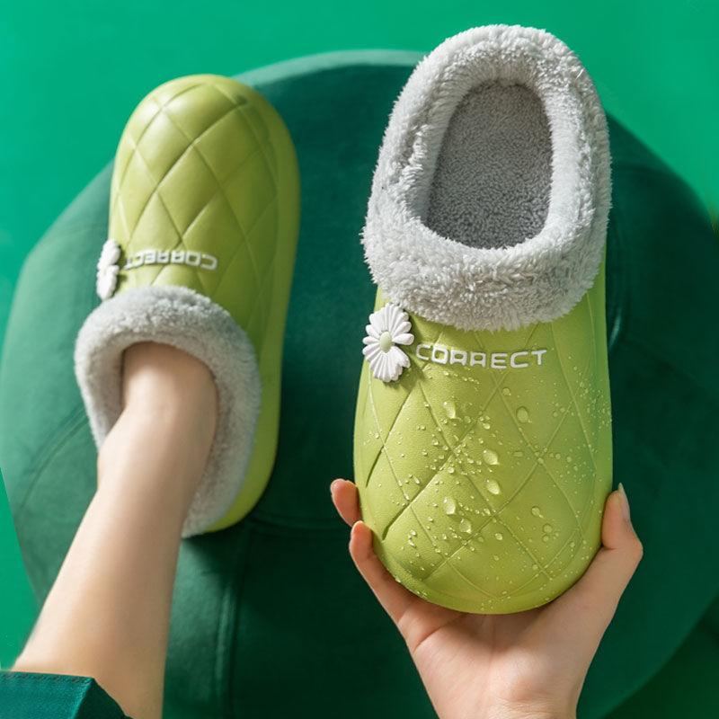 Waterproof Slippers Winter Women House Slippers Leather Warm Fur Slippers Unisex Home Slippers Indoor Floor Shoes Plush Fleece Lined House Shoes Anti-Skid Women Slippers Stevvex