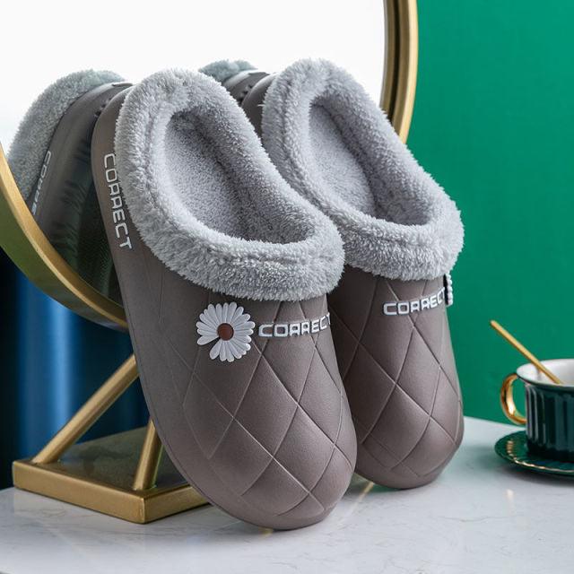Waterproof Slippers Winter Women House Slippers Leather Warm Fur Slippers Unisex Home Slippers Indoor Floor Shoes Plush Fleece Lined House Shoes Anti-Skid Women Slippers Stevvex