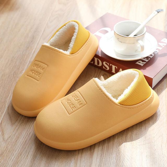 Waterproof Slippers Winter Women House Slippers Leather Warm Fur Slippers Unisex Home Slippers Indoor Floor Shoes Plush Fleece Lined House Shoes Anti-Skid Women Slippers Stevvex