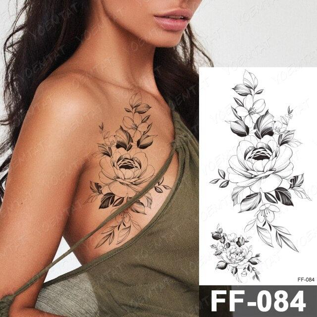 Waterproof Temporary Black Tattoo Sticker Peony Flower Snake Sketch Luxury Big Tattoo For Womens Stevvex