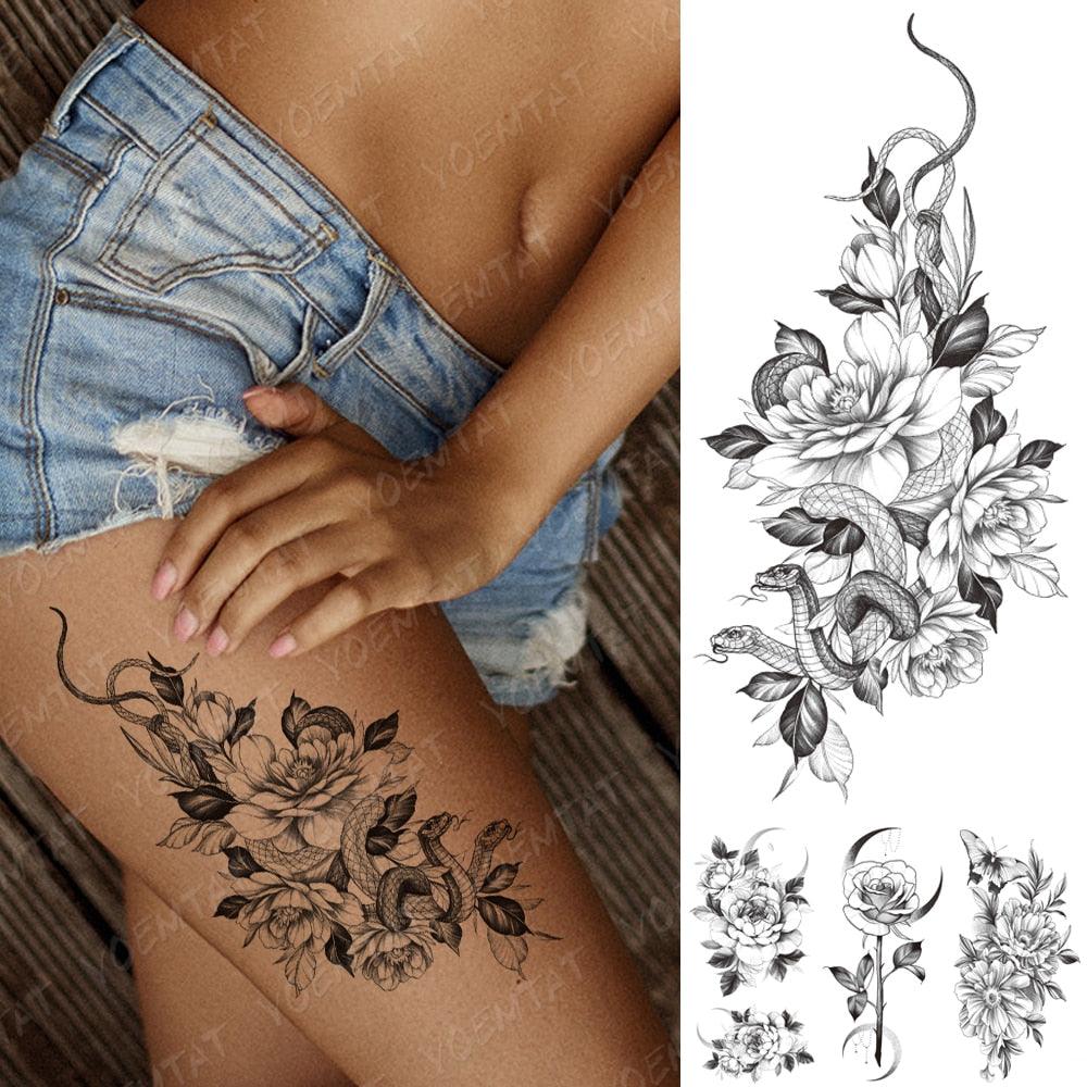Waterproof Temporary Black Tattoo Sticker Peony Flower Snake Sketch Luxury Big Tattoo For Womens Stevvex