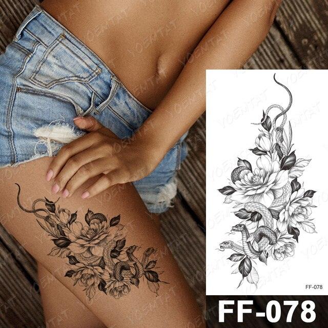 Waterproof Temporary Black Tattoo Sticker Peony Flower Snake Sketch Luxury Big Tattoo For Womens Stevvex