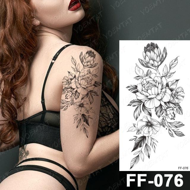 Waterproof Temporary Black Tattoo Sticker Peony Flower Snake Sketch Luxury Big Tattoo For Womens Stevvex