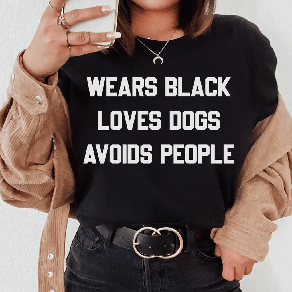 Wears Black Loves Dogs Avoids People Tee Peachy Sunday