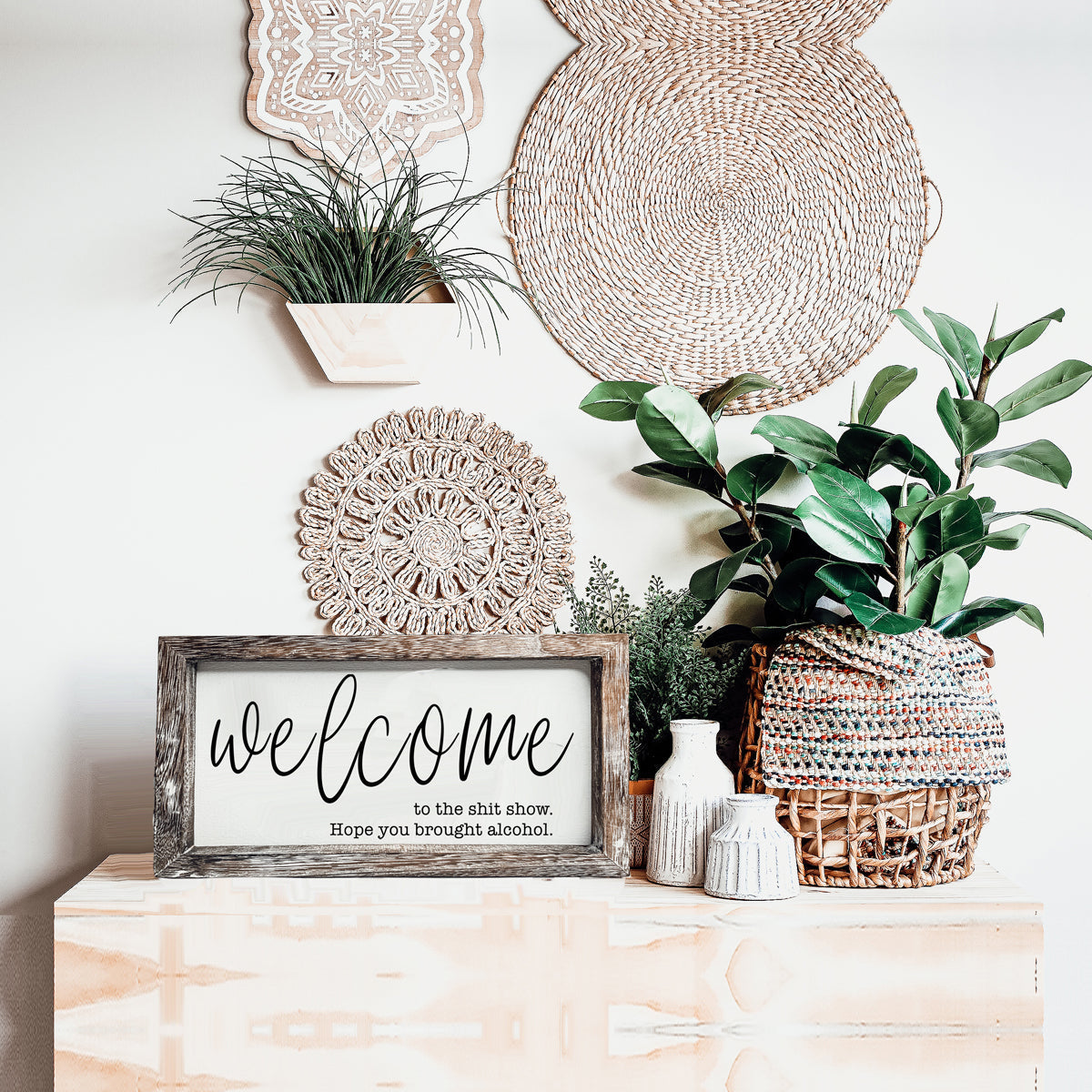 Funny Wooden Welcome Sign Welcome To The Shit Show I Hope You Brought Alcohol Rustic Home Wall Decor BandsCo Straps