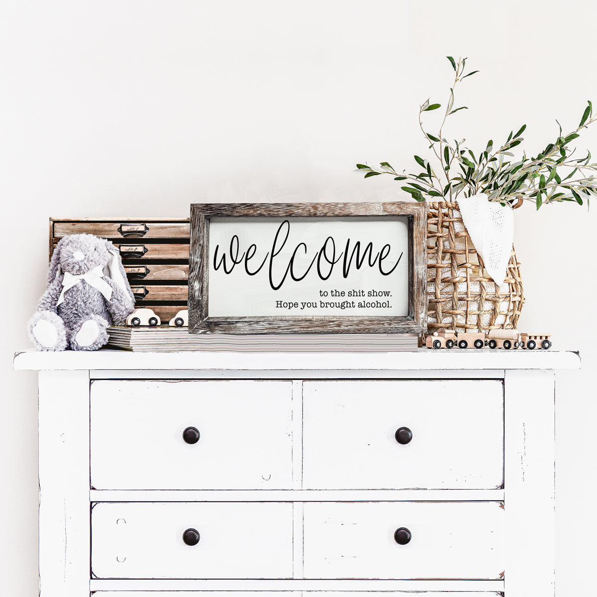 Funny Wooden Welcome Sign Welcome To The Shit Show I Hope You Brought Alcohol Rustic Home Wall Decor BandsCo Straps