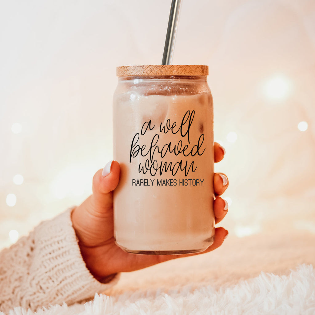 Well Behaved 17oz Glass Tumbler With Bamboo Lid, Stainless Straws and Cleaner BandsCo Straps