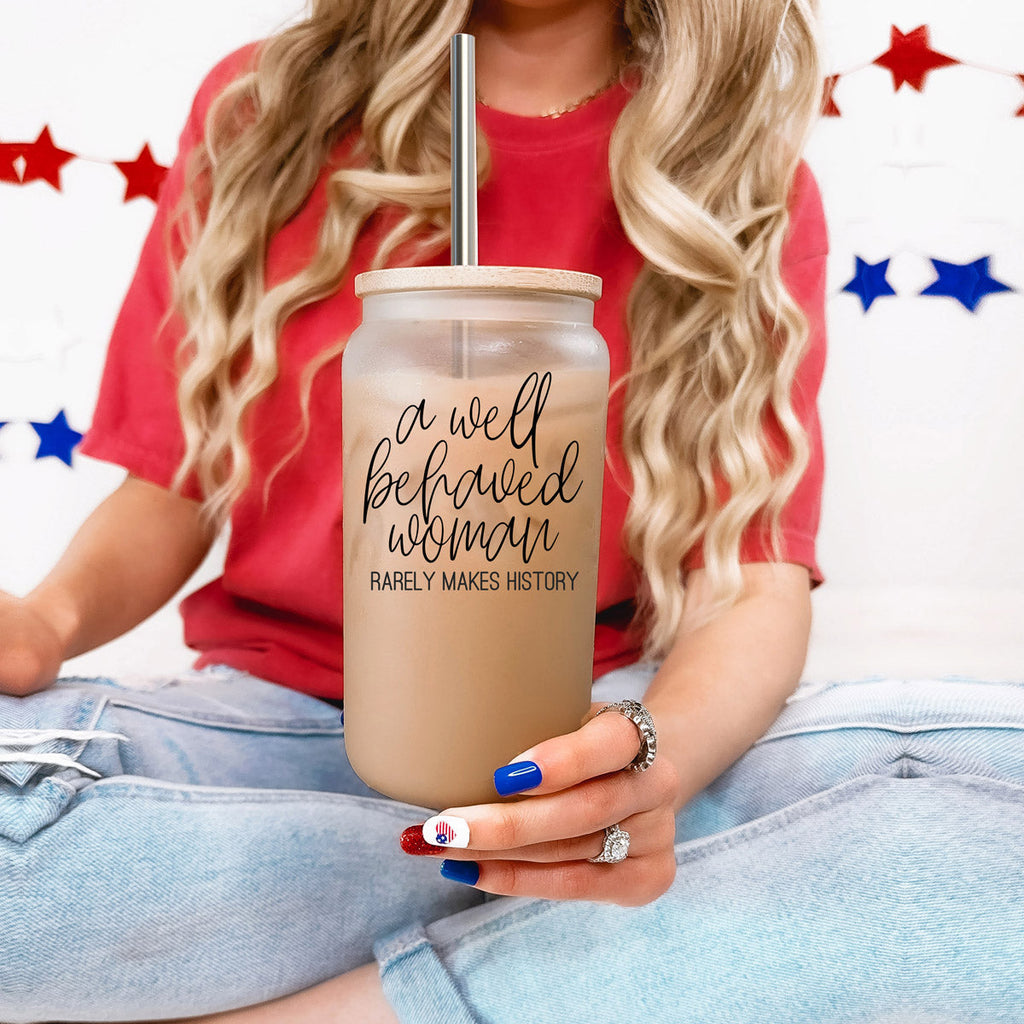 Well Behaved 17oz Glass Tumbler With Bamboo Lid, Stainless Straws and Cleaner BandsCo Straps