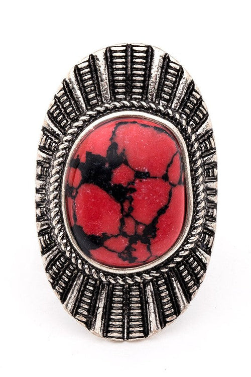 Western Statement Stone Ring Adjustable Boho Silver