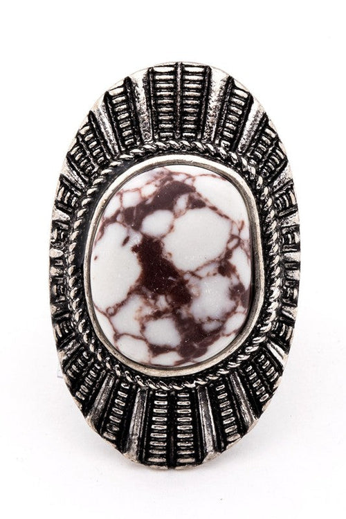 Western Statement Stone Ring Adjustable Boho Silver