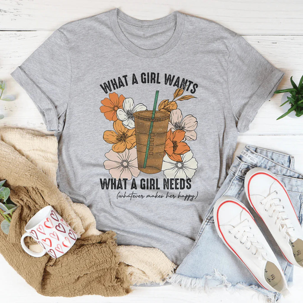 What A Girl Needs Iced Coffee Tee Peachy Sunday