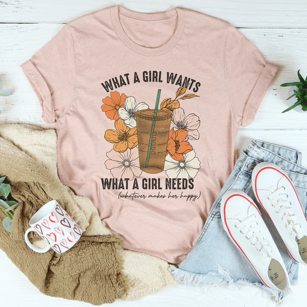 What A Girl Needs Iced Coffee Tee Peachy Sunday