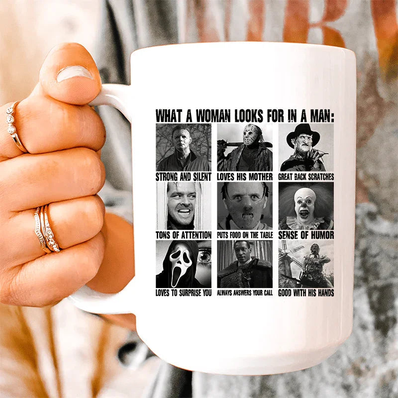What A Woman Looks For In A Man Ceramic Mug 15 oz Peachy Sunday