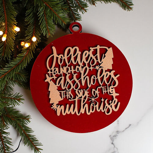 Funny Sarcastic Christmas Ornament Wooden Jolliest Bunch 12 Colors Holiday Gift BandsCo Straps