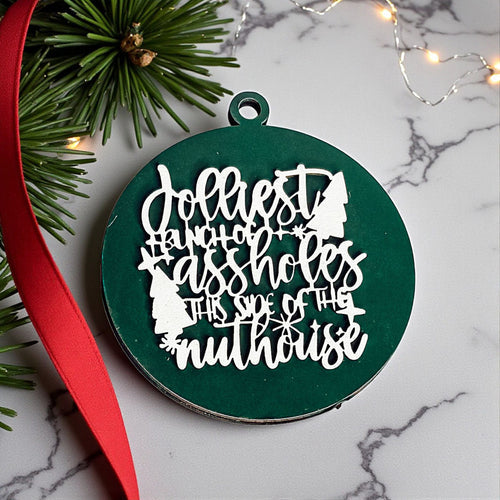 Funny Sarcastic Christmas Ornament Wooden Jolliest Bunch 12 Colors Holiday Gift BandsCo Straps