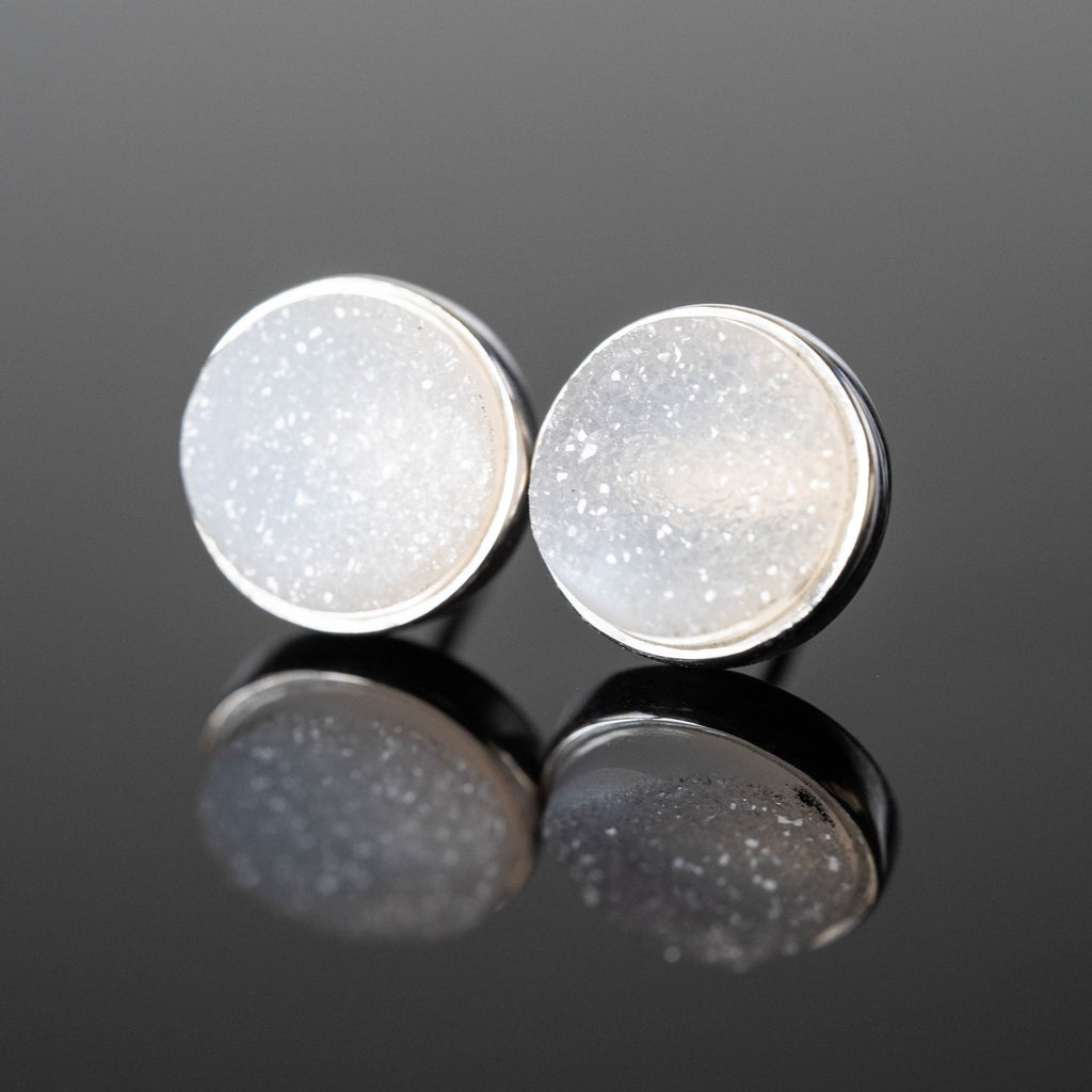 White Druzy Round Stud Earrings Sterling Silver Post