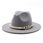 White Elegant Wide Brim Simple Hat Summer Women Lady Retro Wide Brim Hat Charming Fedora Hat Solid Color Fedoras Hat With Chain Men Women Cotton Comfortable Jazz Cap 56-58cm