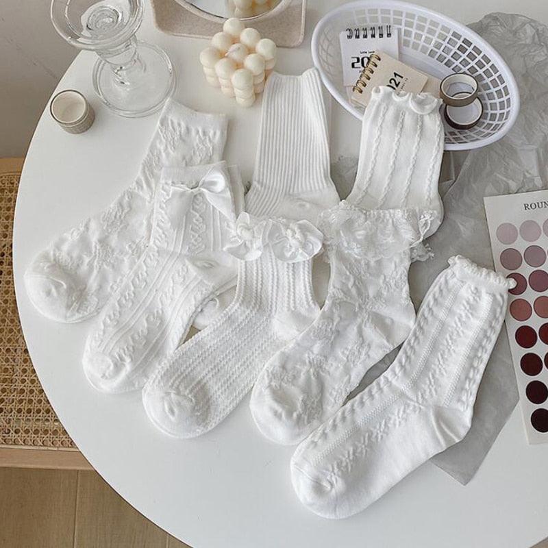 White Lace Socks Women Heart Bowknot Cotton Socks Femme Sweet Socks Ankle Socks Dress Socks For Women Stevvex