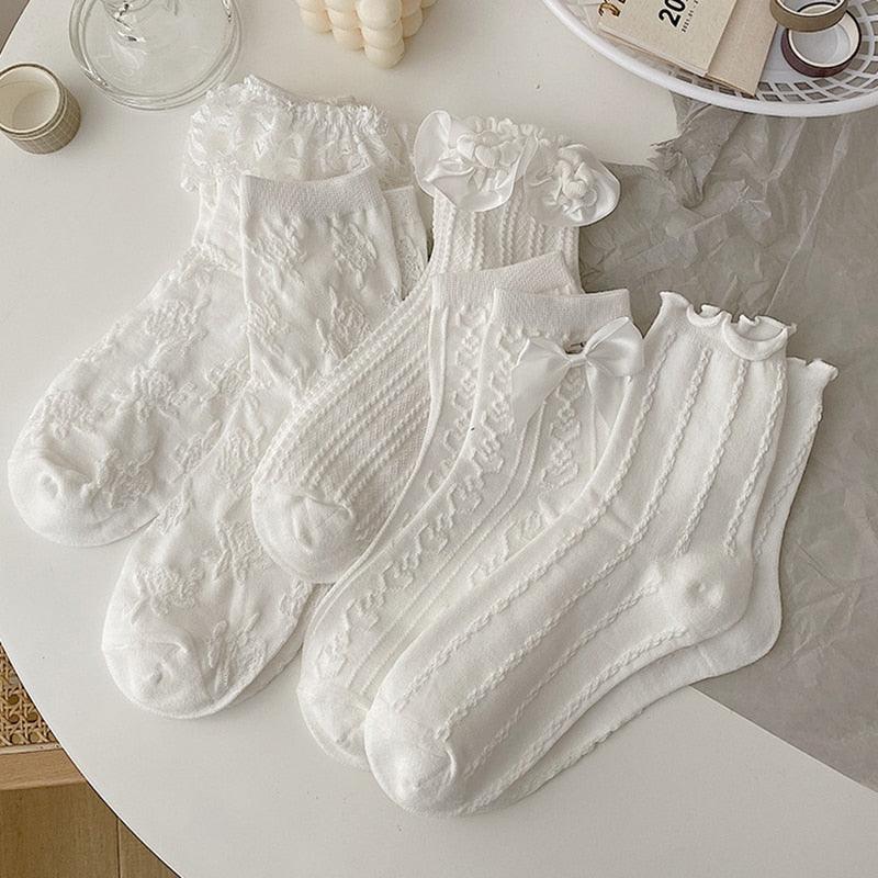 White Lace Socks Women Heart Bowknot Cotton Socks Femme Sweet Socks Ankle Socks Dress Socks For Women Stevvex