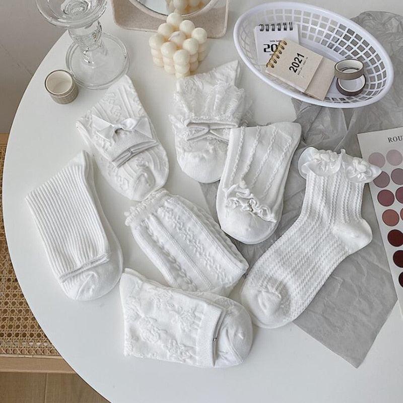 White Lace Socks Women Heart Bowknot Cotton Socks Femme Sweet Socks Ankle Socks Dress Socks For Women Stevvex