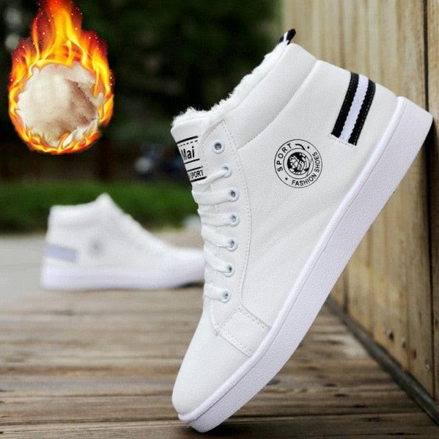 White Men Winter Plush Shoes Boys Comfort Sneakers Leather High Top Sneakers Trendy Style Casual Shoes Fashion Sneakers Breathable Comfort Walking Shoes For Mens Stevvex