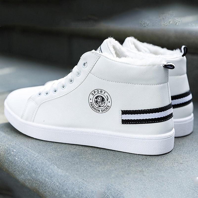 White Men Winter Plush Shoes Boys Comfort Sneakers Leather High Top Sneakers Trendy Style Casual Shoes Fashion Sneakers Breathable Comfort Walking Shoes For Mens Stevvex