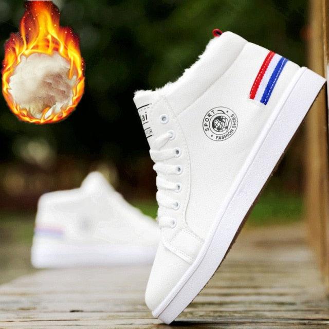 White Men Winter Plush Shoes Boys Comfort Sneakers Leather High Top Sneakers Trendy Style Casual Shoes Fashion Sneakers Breathable Comfort Walking Shoes For Mens Stevvex