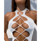 White One Piece Women Fashion Lace-up Plunge Swimsuit Sleeveless Solid Swimwear For Girls
