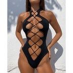 White One Piece Women Fashion Lace-up Plunge Swimsuit Sleeveless Solid Swimwear For Girls