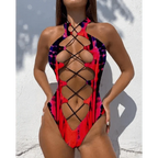 White One Piece Women Fashion Lace-up Plunge Swimsuit Sleeveless Solid Swimwear For Girls