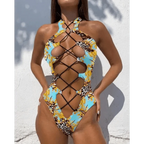 White One Piece Women Fashion Lace-up Plunge Swimsuit Sleeveless Solid Swimwear For Girls