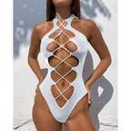 White One Piece Women Fashion Lace-up Plunge Swimsuit Sleeveless Solid Swimwear For Girls