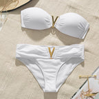 White Push Up Woman Swimsuit Bikini Set Two Piece Smocked Swimsuits Ruffle Off Shoulder Bathing Suit With High Waist Bottoms New Summer Beach Bikini Set Solid Swimming Suit For Women Swimwear Bathing Suit Stevvex