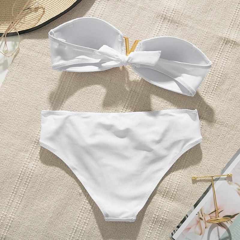 White Push Up Woman Swimsuit Bikini Set Two Piece Smocked Swimsuits Ruffle Off Shoulder Bathing Suit With High Waist Bottoms New Summer Beach Bikini Set Solid Swimming Suit For Women Swimwear Bathing Suit Stevvex