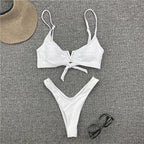 White Push Up Woman Swimsuit Bikini Set Two Piece Smocked Swimsuits Ruffle Off Shoulder Bathing Suit With High Waist Bottoms New Summer Beach Bikini Set Solid Swimming Suit For Women Swimwear Bathing Suit Stevvex