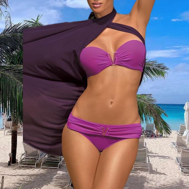 White Push Up Woman Swimsuit Bikini Set Two Piece Smocked Swimsuits Ruffle Off Shoulder Bathing Suit With High Waist Bottoms New Summer Beach Bikini Set Solid Swimming Suit For Women Swimwear Bathing Suit Stevvex