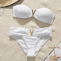 White Push Up Woman Swimsuit Bikini Set Two Piece Smocked Swimsuits Ruffle Off Shoulder Bathing Suit With High Waist Bottoms New Summer Beach Bikini Set Solid Swimming Suit For Women Swimwear Bathing Suit Stevvex