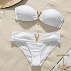 White Push Up Woman Swimsuit Bikini Set Two Piece Smocked Swimsuits Ruffle Off Shoulder Bathing Suit With High Waist Bottoms New Summer Beach Bikini Set Solid Swimming Suit For Women Swimwear Bathing Suit Stevvex