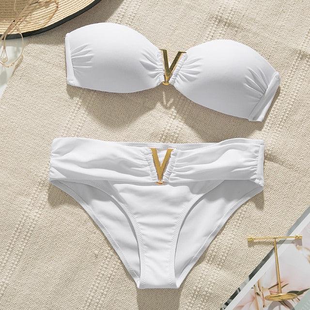 White Push Up Woman Swimsuit Bikini Set Two Piece Smocked Swimsuits Ruffle Off Shoulder Bathing Suit With High Waist Bottoms New Summer Beach Bikini Set Solid Swimming Suit For Women Swimwear Bathing Suit Stevvex