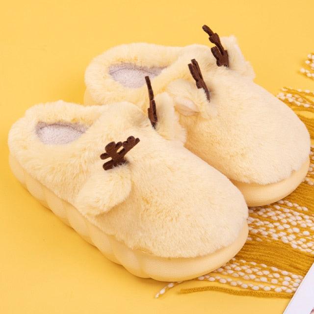 White Slippers For Women Fuzzy Cute Antlers Warm Animal Memory Foam Plush Women Men Indoor Outdoor Bedroom Slippers Fur Home Slippers For Women Memory Foam Anti-Slip Cozy Fluffy Outdoor Indoor Warm Slippers
