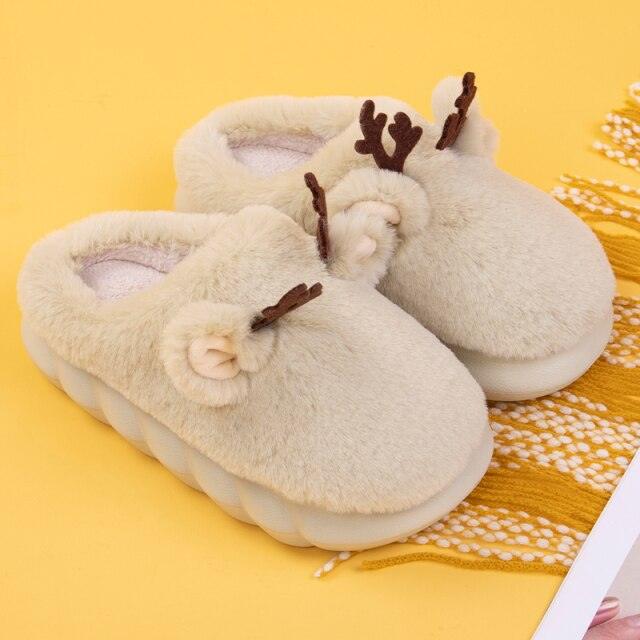 White Slippers For Women Fuzzy Cute Antlers Warm Animal Memory Foam Plush Women Men Indoor Outdoor Bedroom Slippers Fur Home Slippers For Women Memory Foam Anti-Slip Cozy Fluffy Outdoor Indoor Warm Slippers