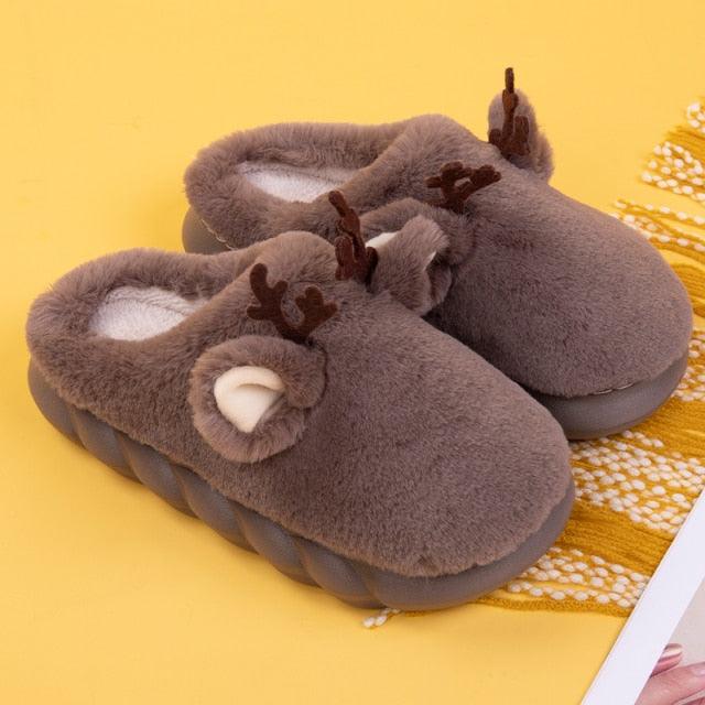 White Slippers For Women Fuzzy Cute Antlers Warm Animal Memory Foam Plush Women Men Indoor Outdoor Bedroom Slippers Fur Home Slippers For Women Memory Foam Anti-Slip Cozy Fluffy Outdoor Indoor Warm Slippers