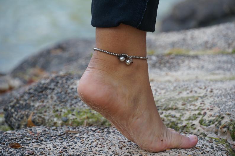 White Teardrop Bead Boho Silver Anklet Adjustable For Women