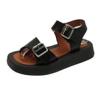 White Womans Sandals Flat Round Sandals Elegant Modern Buckle Strap Comfort Design Stevvex