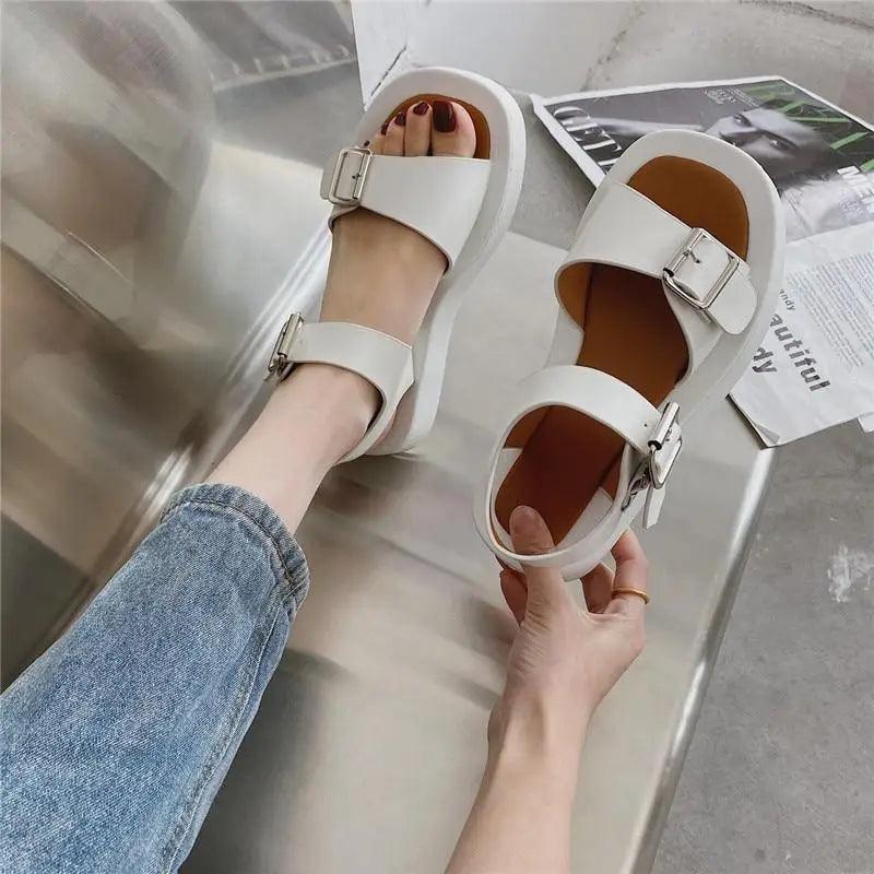 White Womans Sandals Flat Round Sandals Elegant Modern Buckle Strap Comfort Design Stevvex